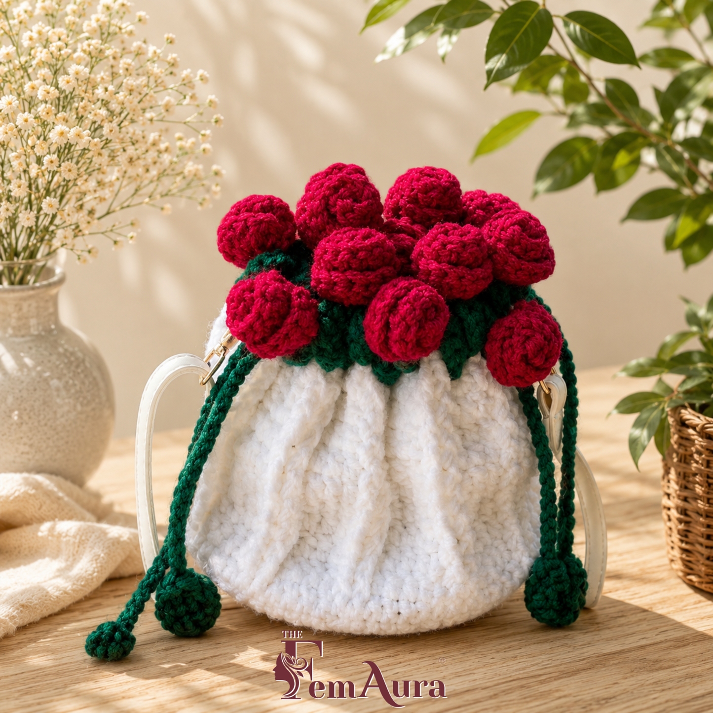 Handmade Crochet Rose Bouquet Bucket Bag 🌹