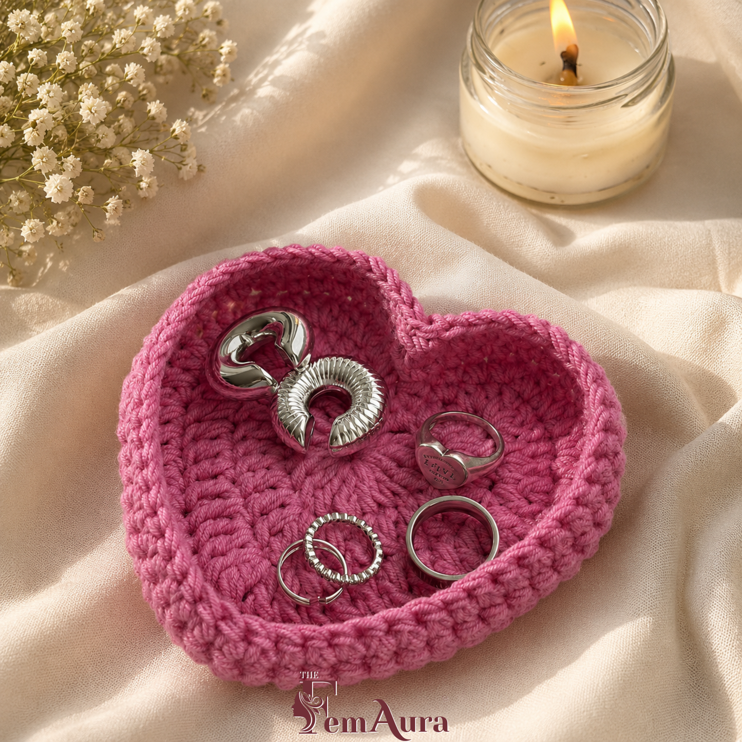 Handmade Crochet Pink Heart Trinket Tray 💗